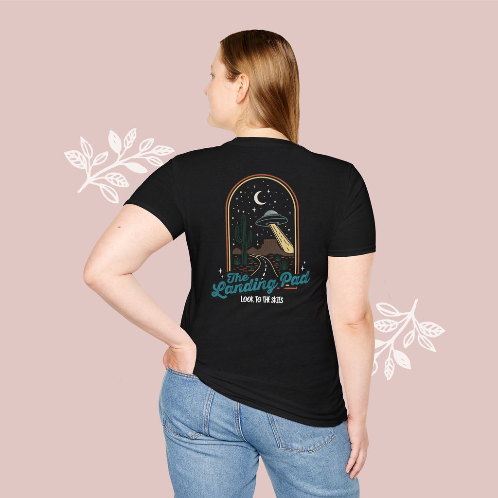 The Landing Pad Tee — "The Landing Pad: Look to the Skies" Retro UFO Graphic T-Shirt
