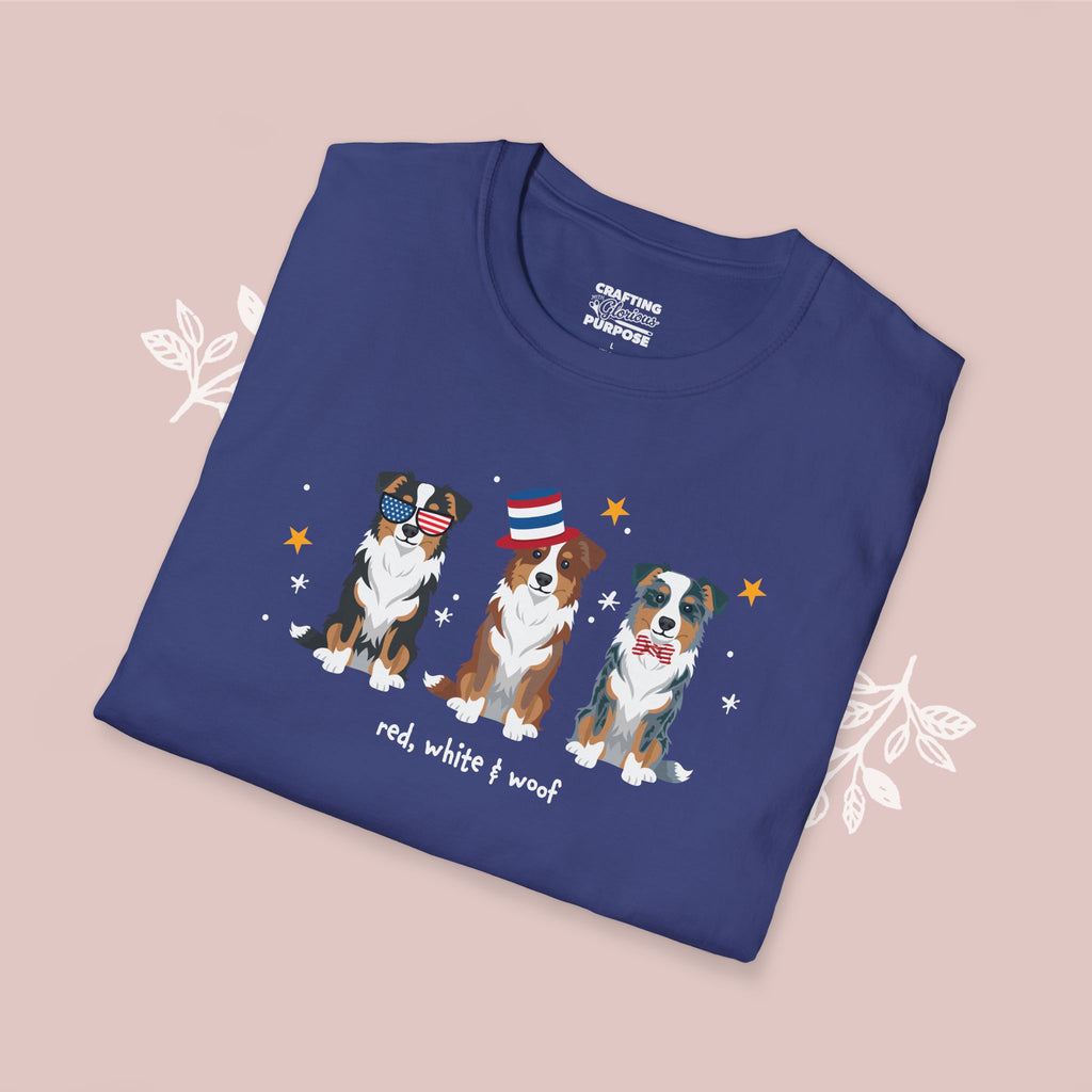 Mini Aussie Patriotic Dog Trio T-Shirt — 'Red, White & Woof' Cute America Graphic Tee