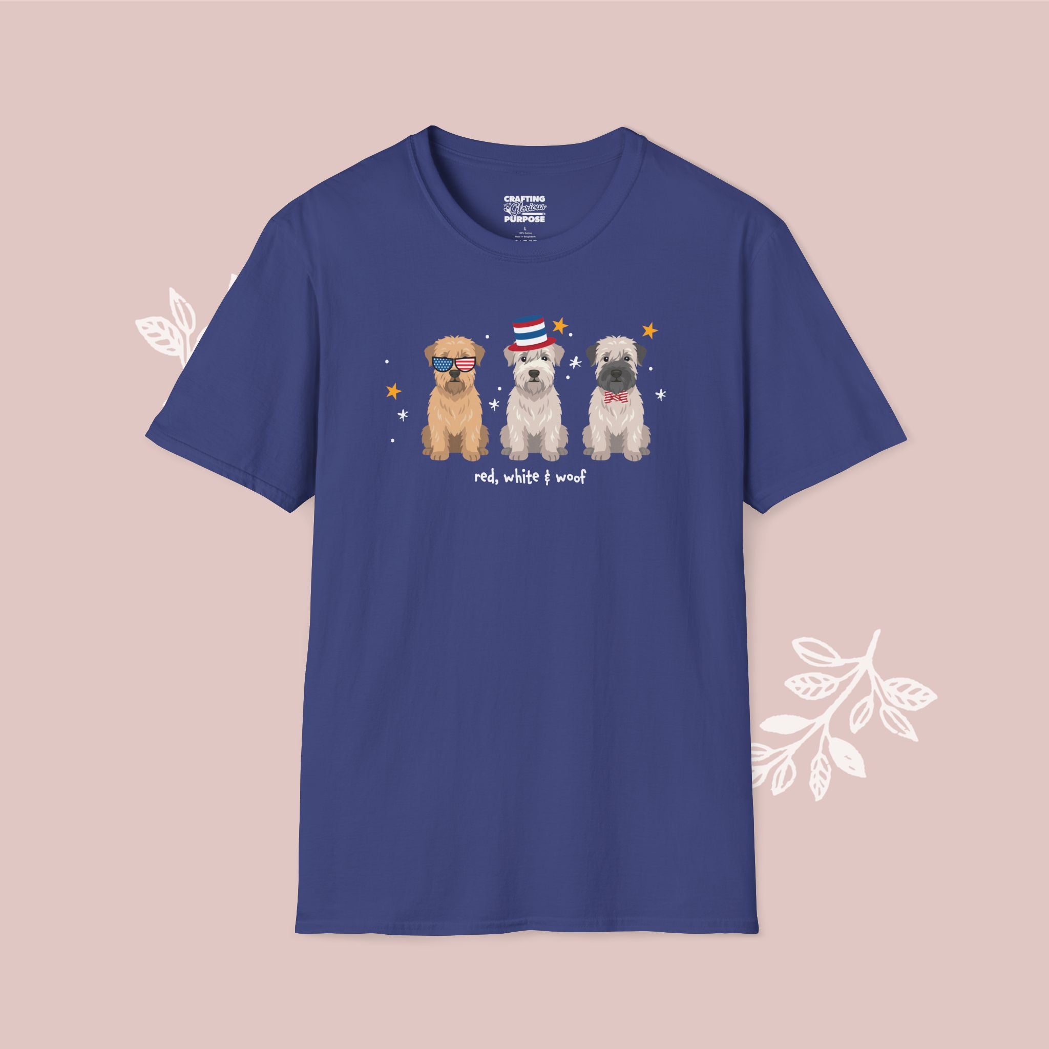 Wheaten Terrier Patriotic Dog Trio T-Shirt — 'Red, White & Woof' Cute America Graphic Tee
