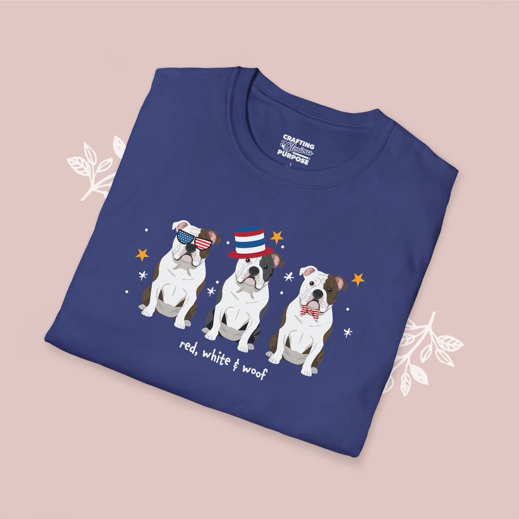 American Bulldog Patriotic Dog Trio T-Shirt — 'Red, White & Woof' Cute America Graphic Tee