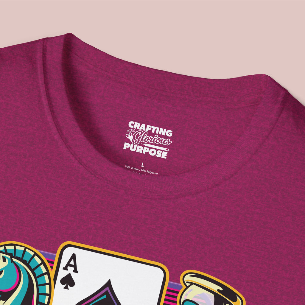 Gamer Board Game Graphic T-Shirt — Retro Dice, Cards & Chess Pieces Design