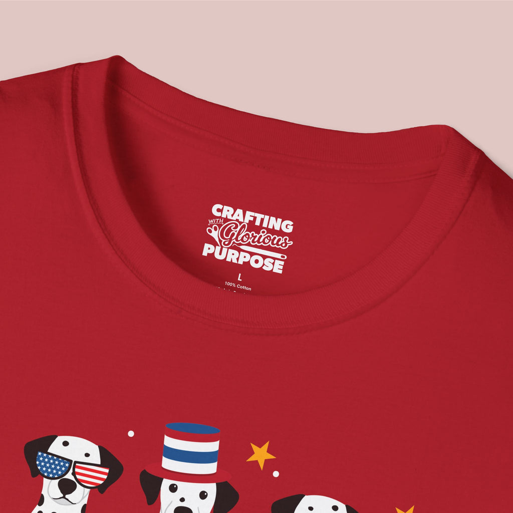 Dalmatian Patriotic Dog Trio T-Shirt — 'Red, White & Woof' Cute America Graphic Tee