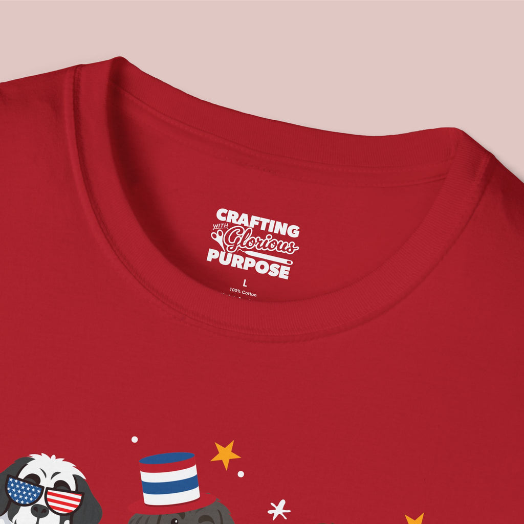 Newfoundland Patriotic Dog Trio T-Shirt — 'Red, White & Woof' Cute America Graphic Tee