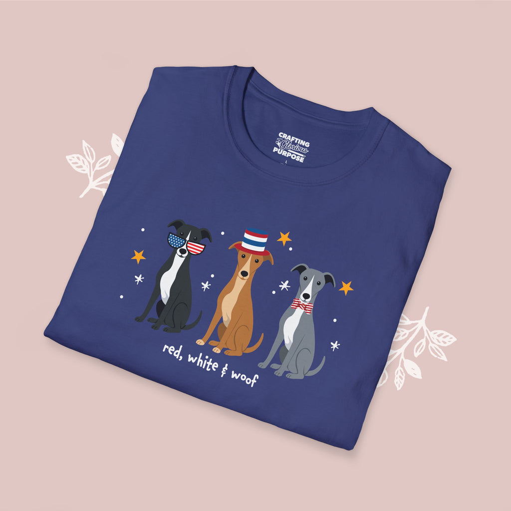 Greyhound Patriotic Dog Trio T-Shirt — 'Red, White & Woof' Cute America Graphic Tee