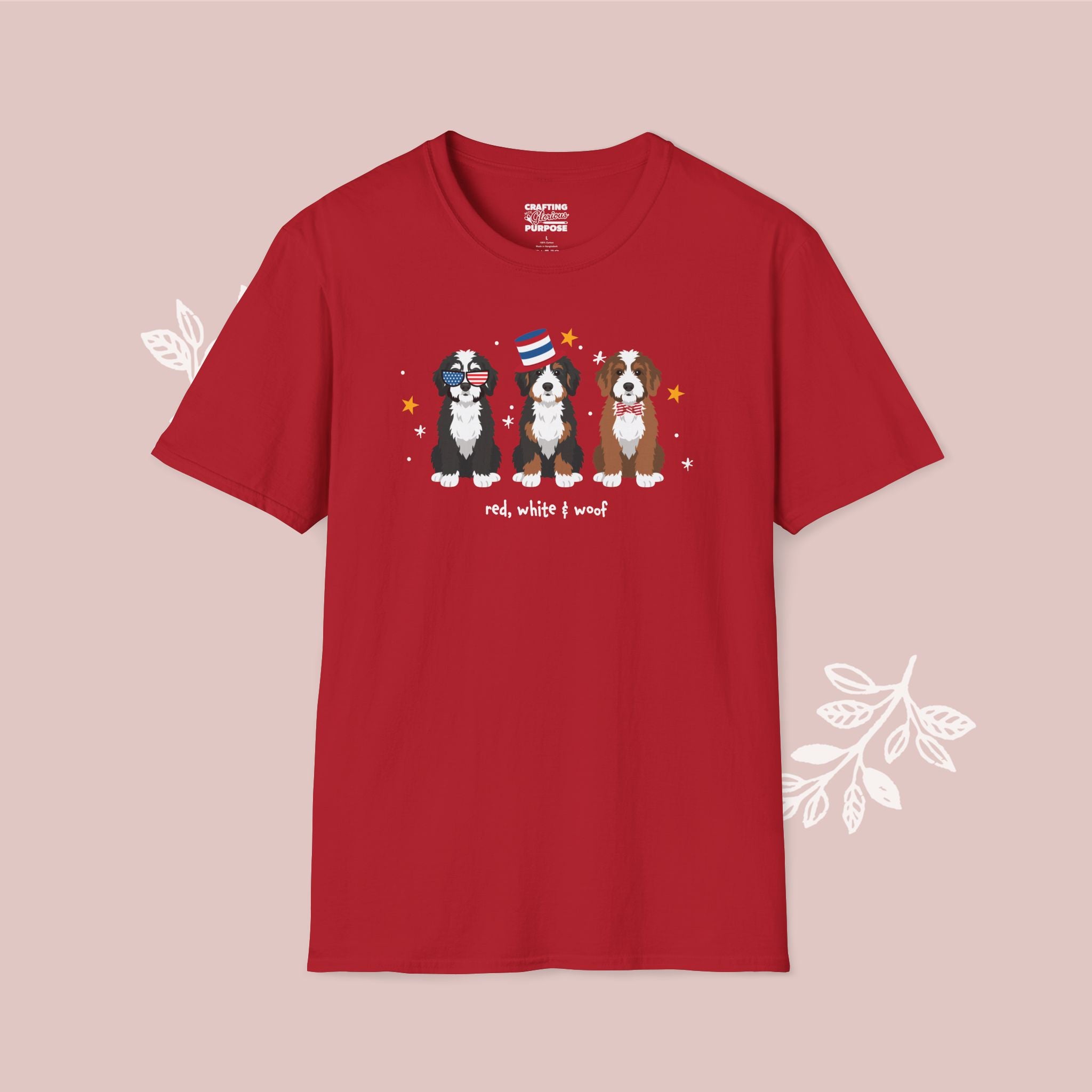 Bernedoodle Patriotic Dog Trio T-Shirt — 'Red, White & Woof' Cute America Graphic Tee