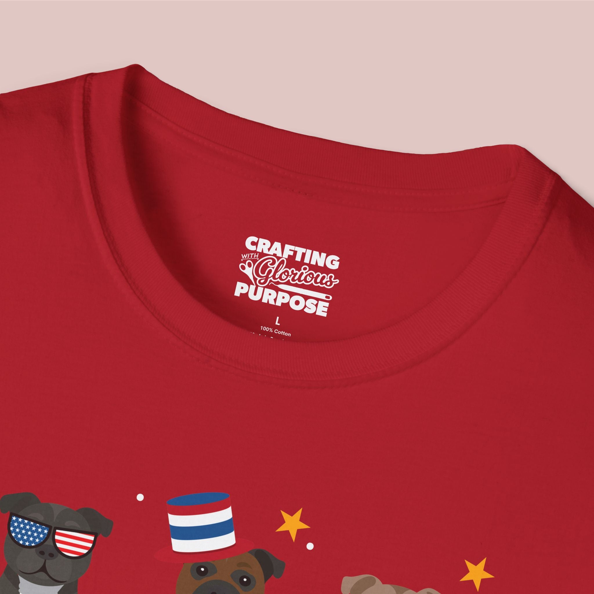 Staffordshire Bull Terrier Patriotic Dog Trio T-Shirt — 'Red, White & Woof' Cute America Graphic Tee