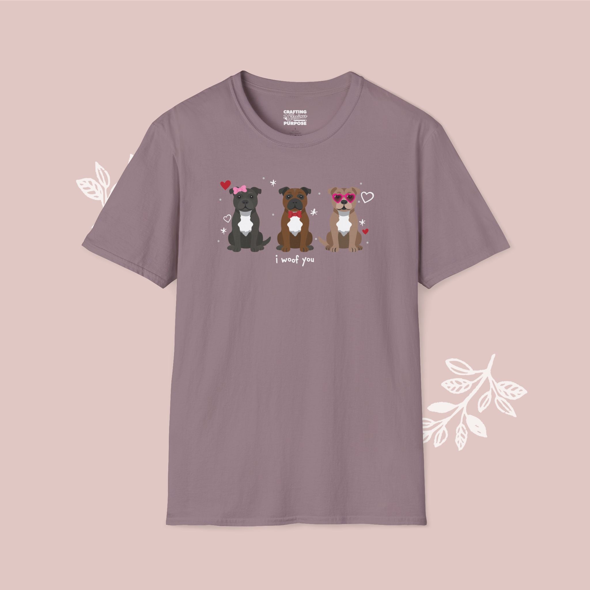 I Woof You Cute Staffordshire Bull Terrier Trio Dog Tee — Valentine's T-Shirt