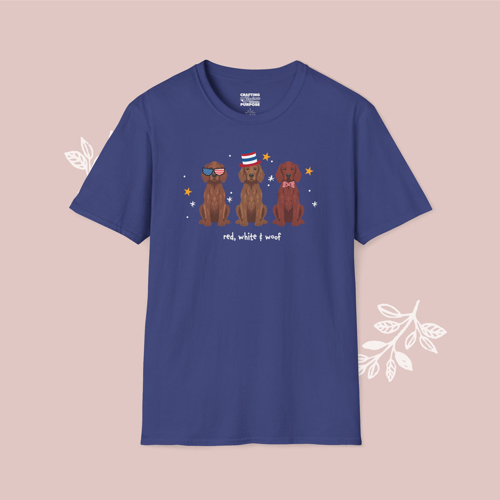 Irish Setter Patriotic Dog Trio T-Shirt — 'Red, White & Woof' Cute America Graphic Tee