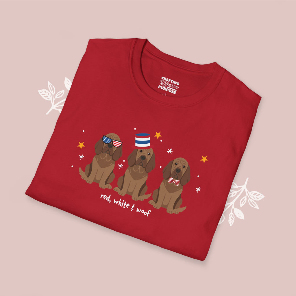 Bloodhound Patriotic Dog Trio T-Shirt — 'Red, White & Woof' Cute America Graphic Tee