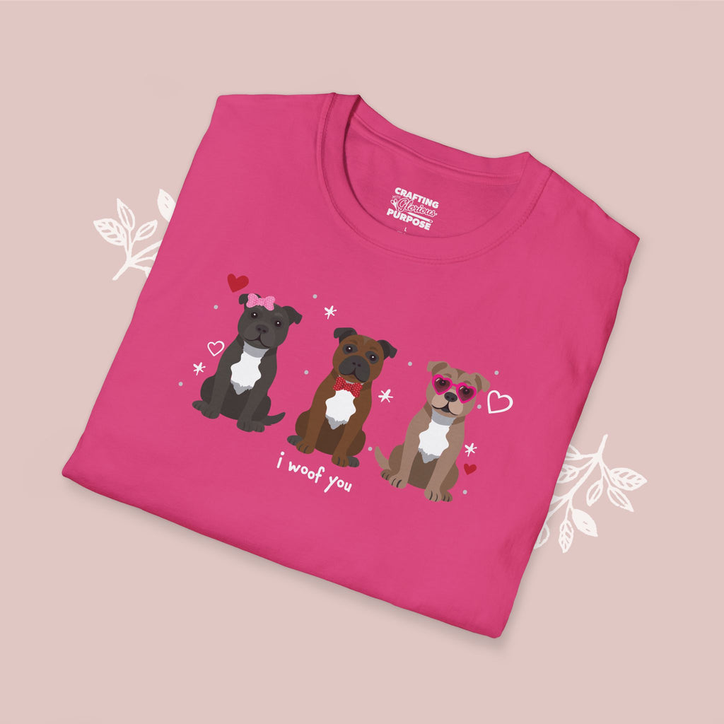 I Woof You Cute Staffordshire Bull Terrier Trio Dog Tee — Valentine's T-Shirt