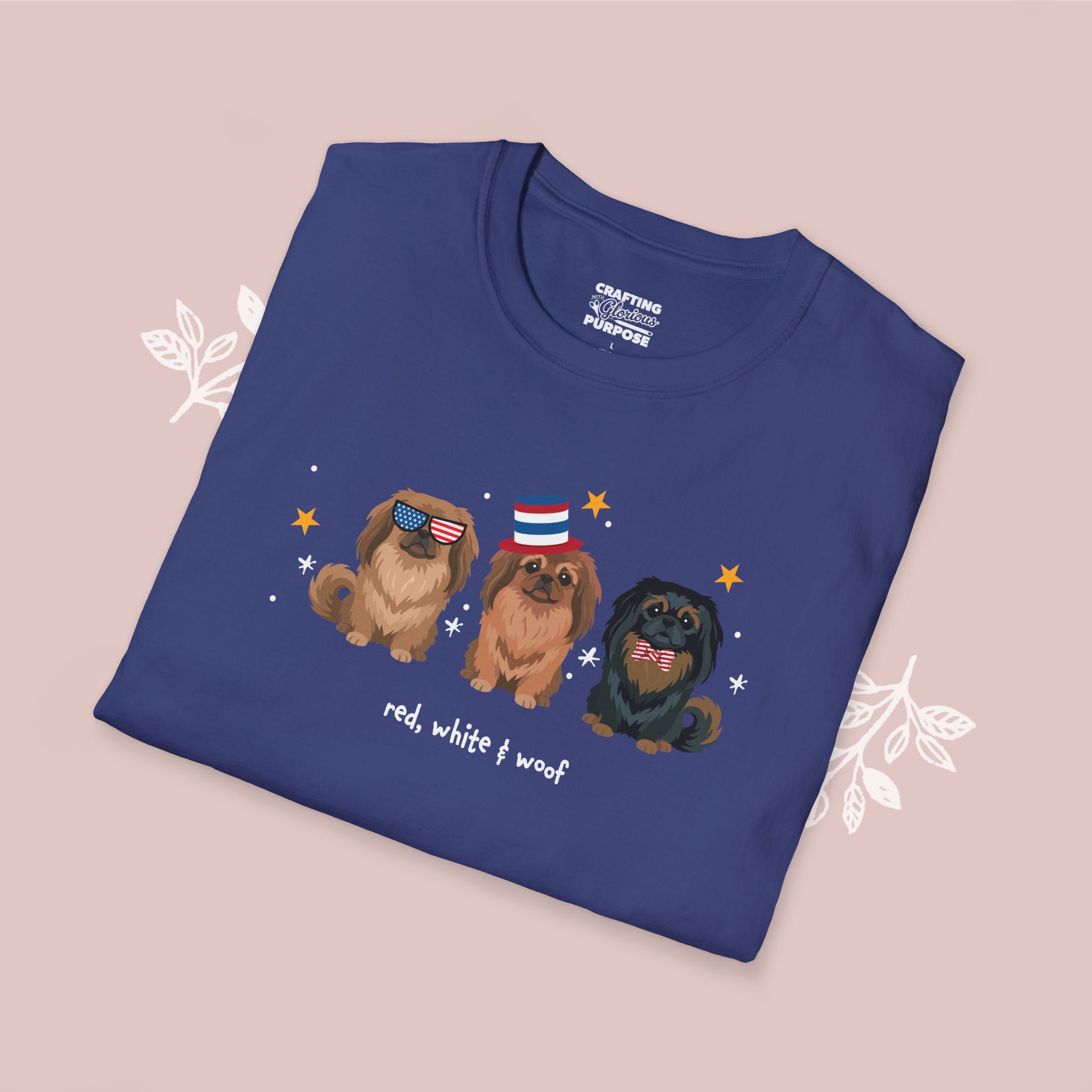 Pekingese Patriotic Dog Trio T-Shirt — 'Red, White & Woof' Cute America Graphic Tee