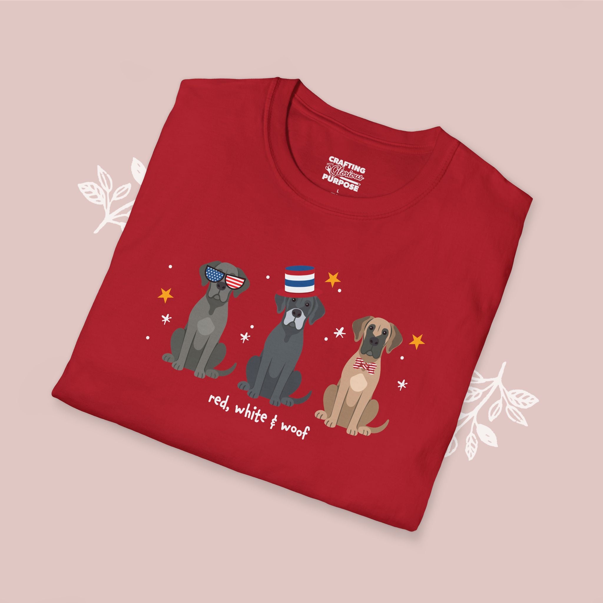 Great Dane Patriotic Dog Trio T-Shirt — 'Red, White & Woof' Cute America Graphic Tee