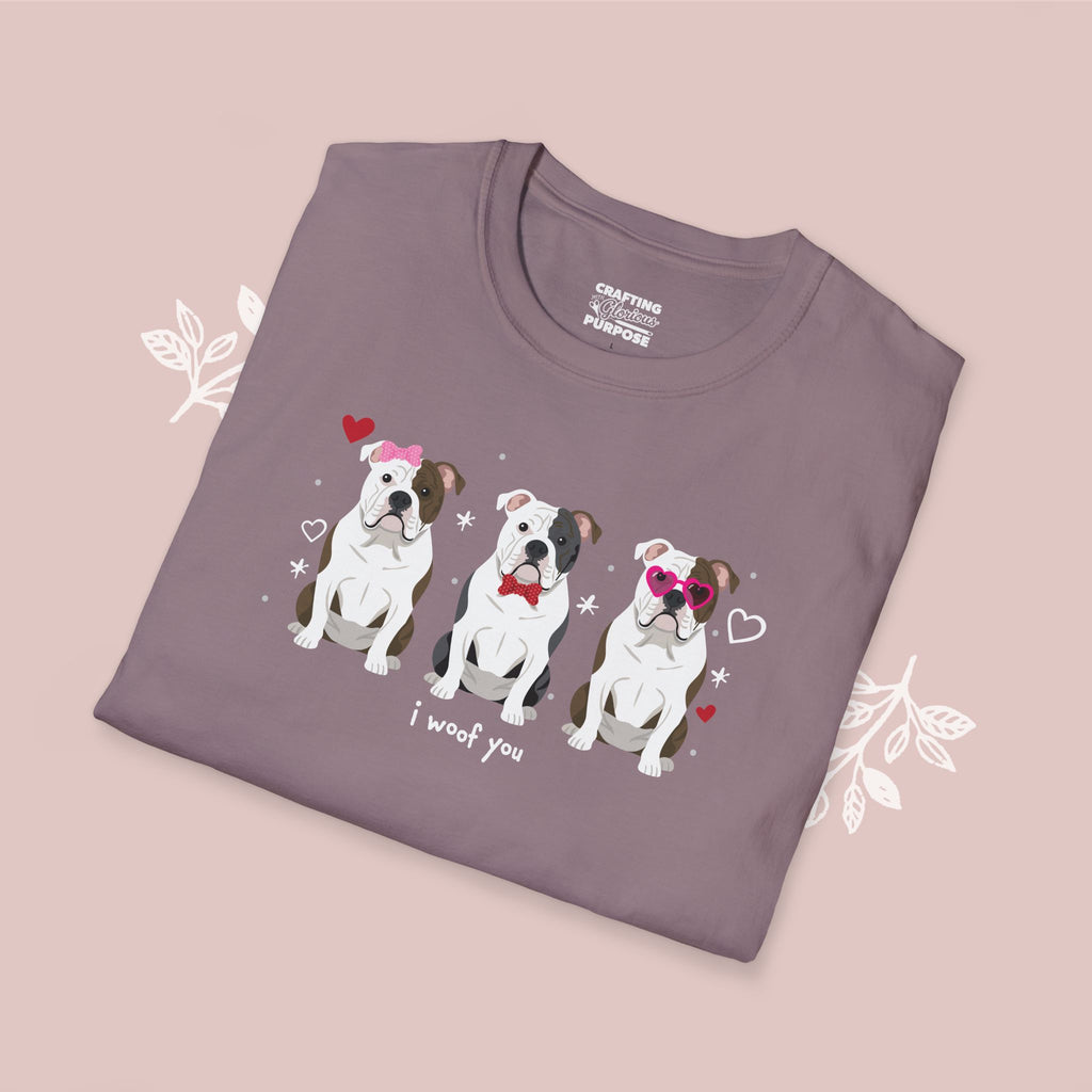 I Woof You Cute American Bulldog Trio Dog Tee — Valentine's T-Shirt