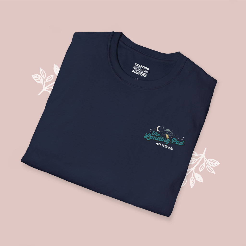 The Landing Pad Tee — "The Landing Pad: Look to the Skies" Retro UFO Graphic T-Shirt