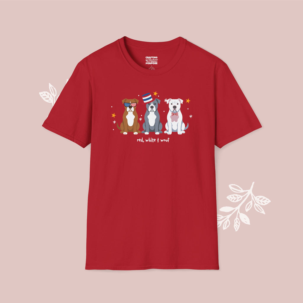 Pitbull Patriotic Dog Trio T-Shirt — 'Red, White & Woof' Cute America Graphic Tee