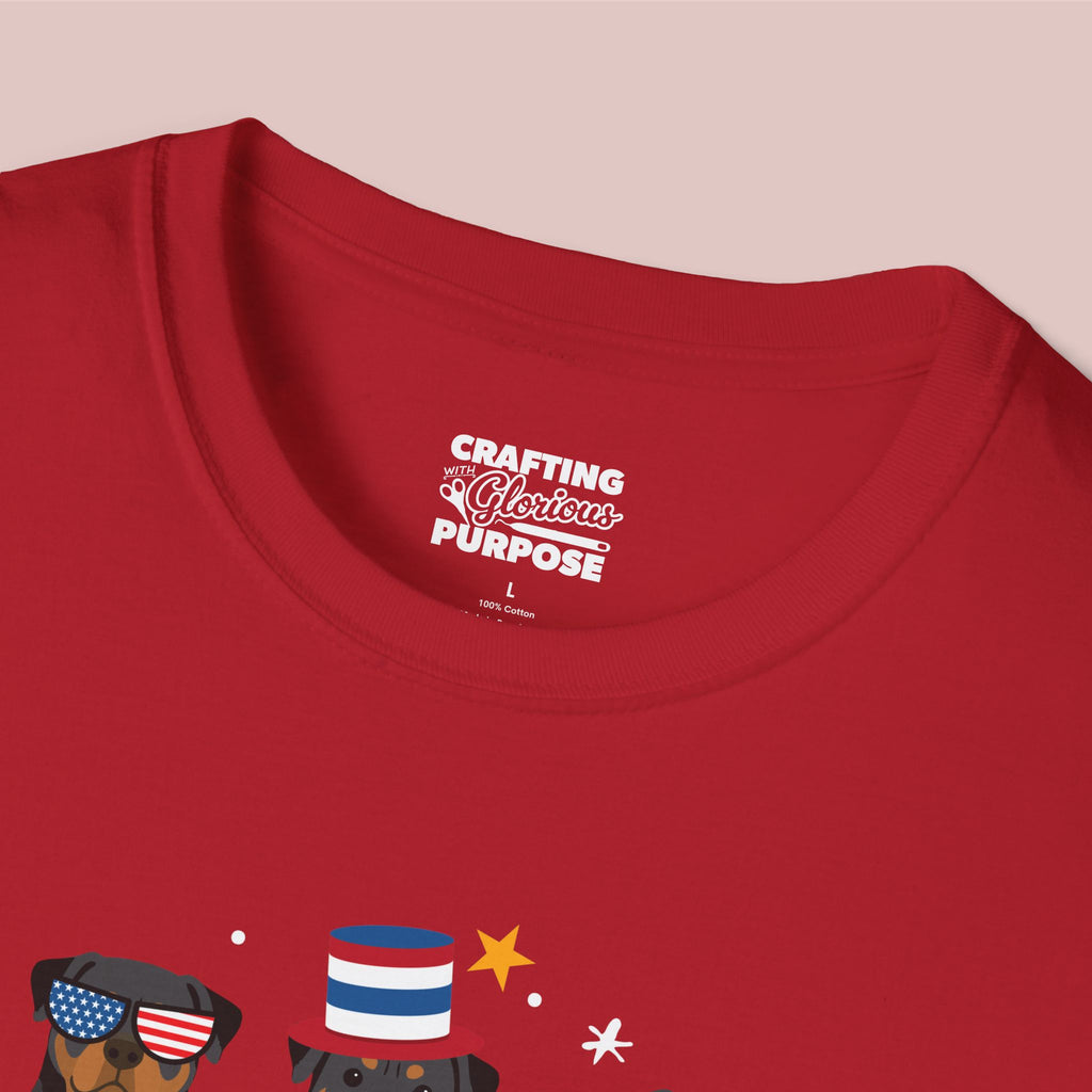 Rottweiler Patriotic Dog Trio T-Shirt — 'Red, White & Woof' Cute America Graphic Tee