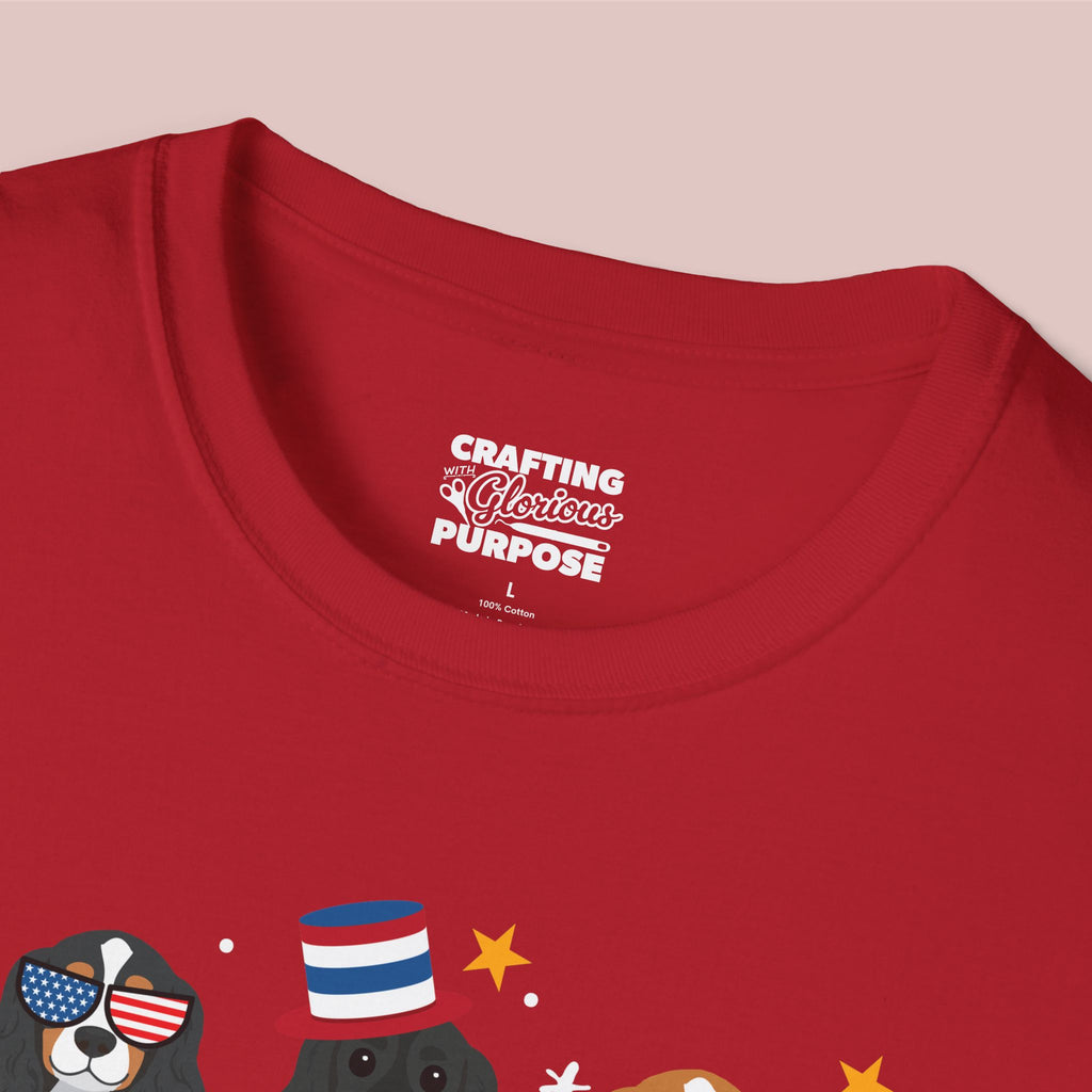 Cocker Spaniel Patriotic Dog Trio T-Shirt — 'Red, White & Woof' Cute America Graphic Tee