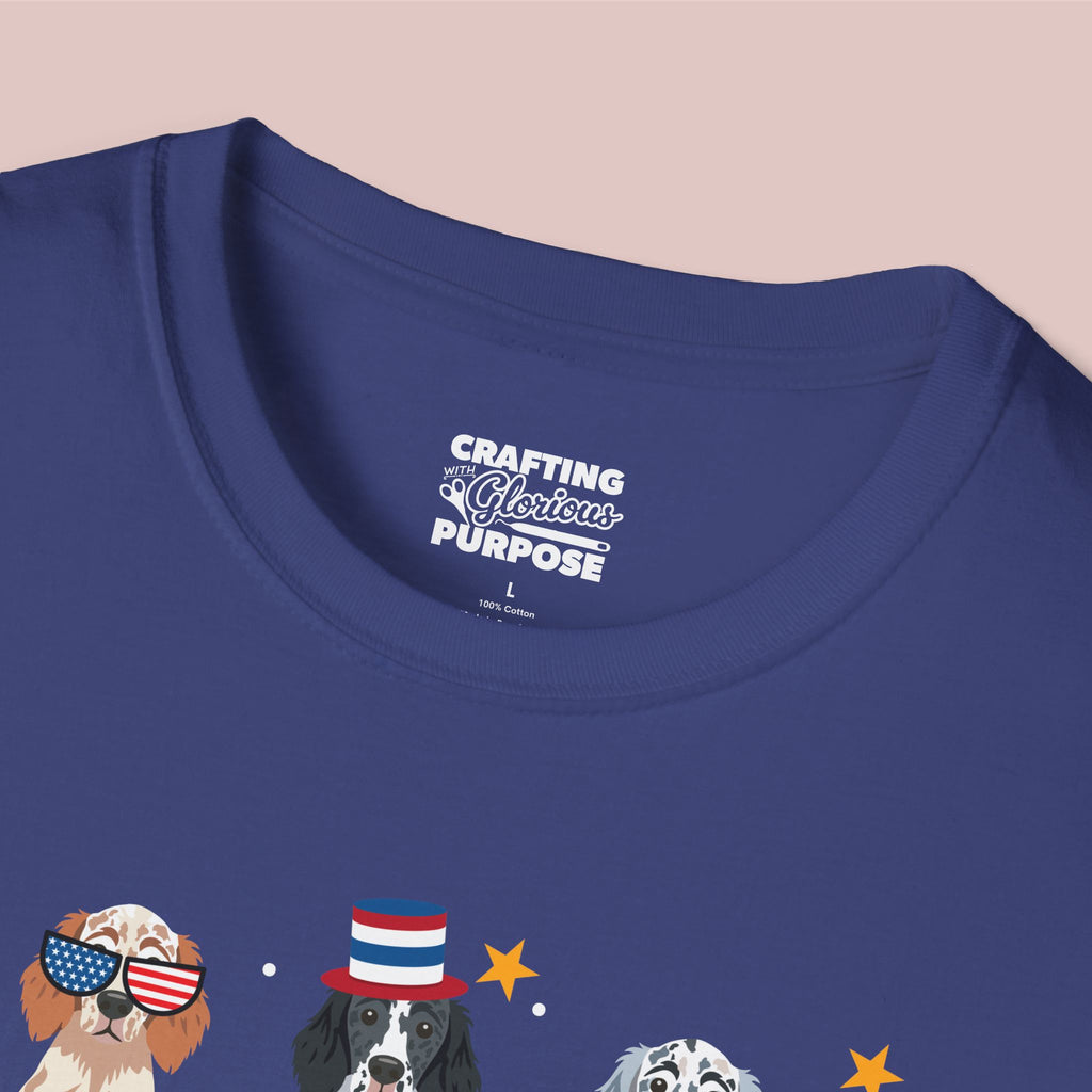 English Setter Patriotic Dog Trio T-Shirt — 'Red, White & Woof' Cute America Graphic Tee