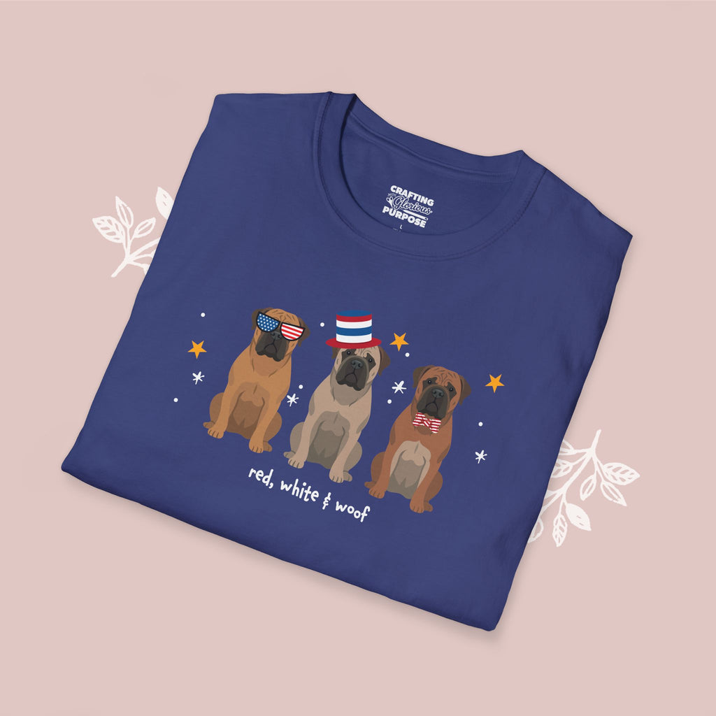 Bullmastiff Patriotic Dog Trio T-Shirt — 'Red, White & Woof' Cute America Graphic Tee