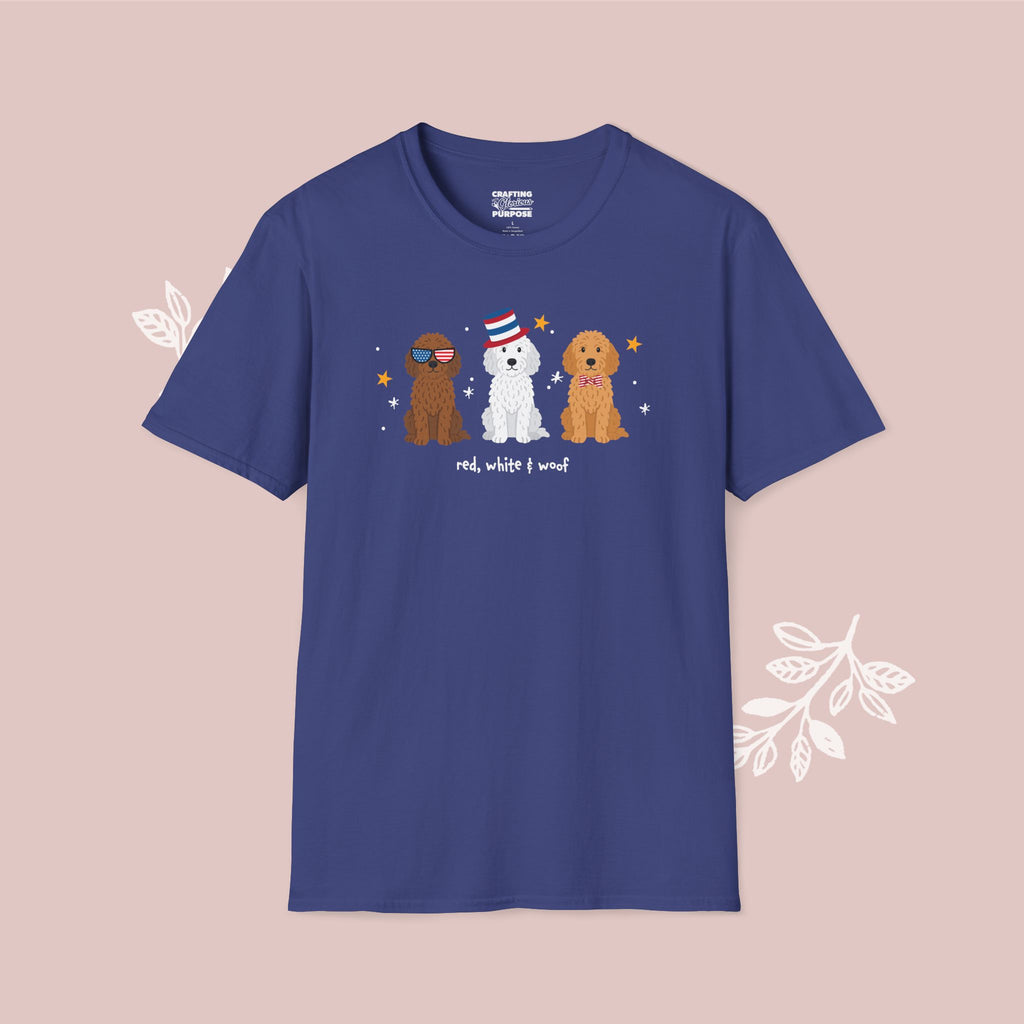 Goldendoodle Patriotic Dog Trio T-Shirt — 'Red, White & Woof' Cute America Graphic Tee
