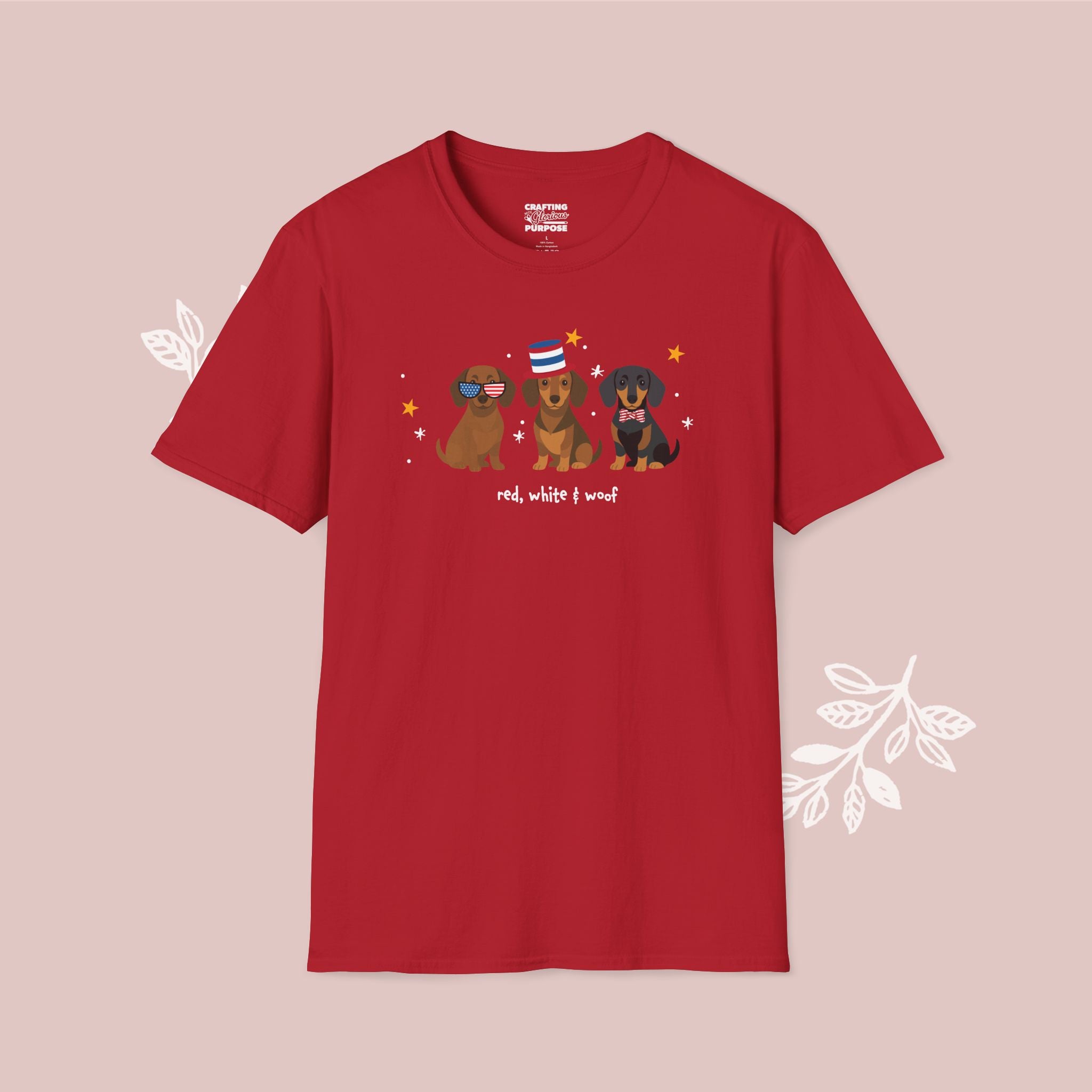Dachshund Short Haired Patriotic Dog Trio T-Shirt — 'Red, White & Woof' Cute America Graphic Tee