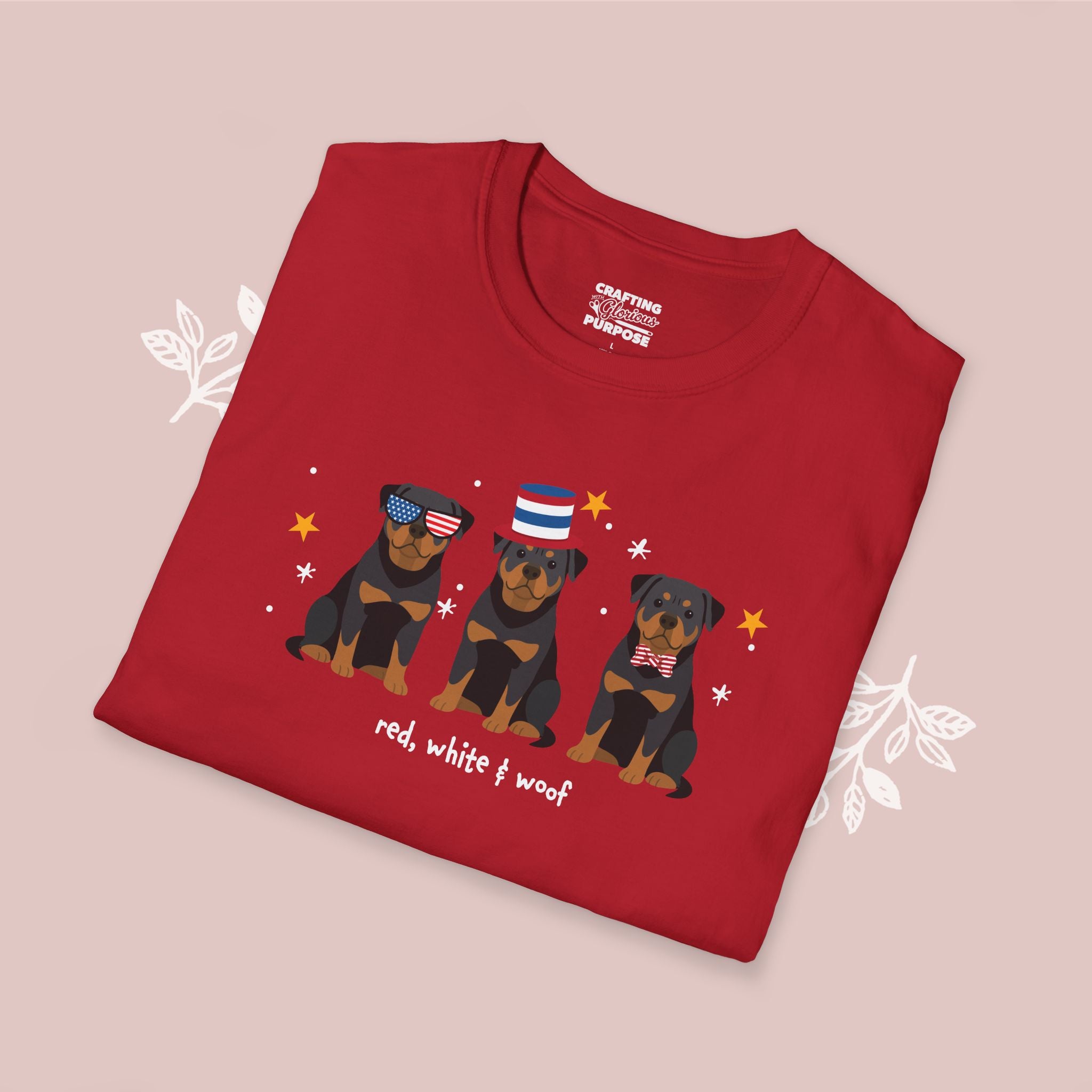 Rottweiler Patriotic Dog Trio T-Shirt — 'Red, White & Woof' Cute America Graphic Tee