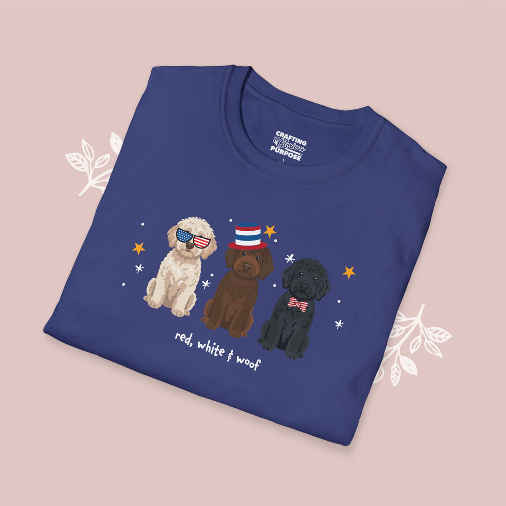 Labradoodle Patriotic Dog Trio T-Shirt — 'Red, White & Woof' Cute America Graphic Tee