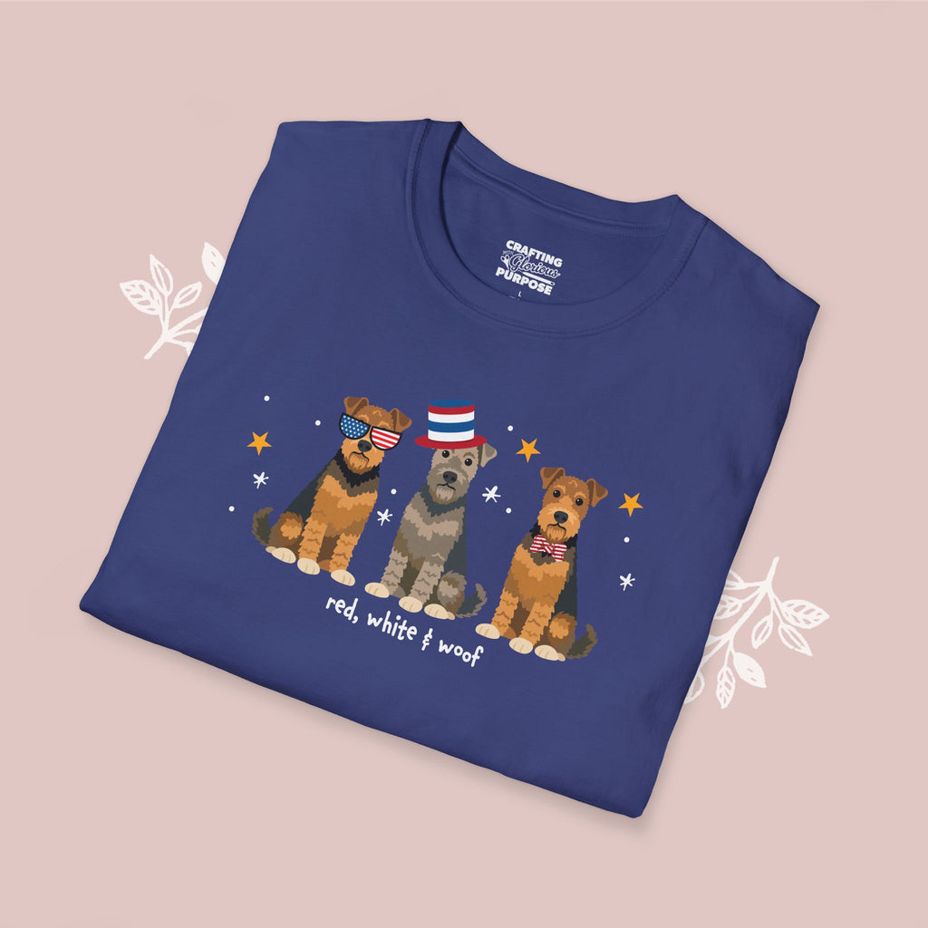 Airedale Terrier Patriotic Dog Trio T-Shirt — 'Red, White & Woof' Cute America Graphic Tee