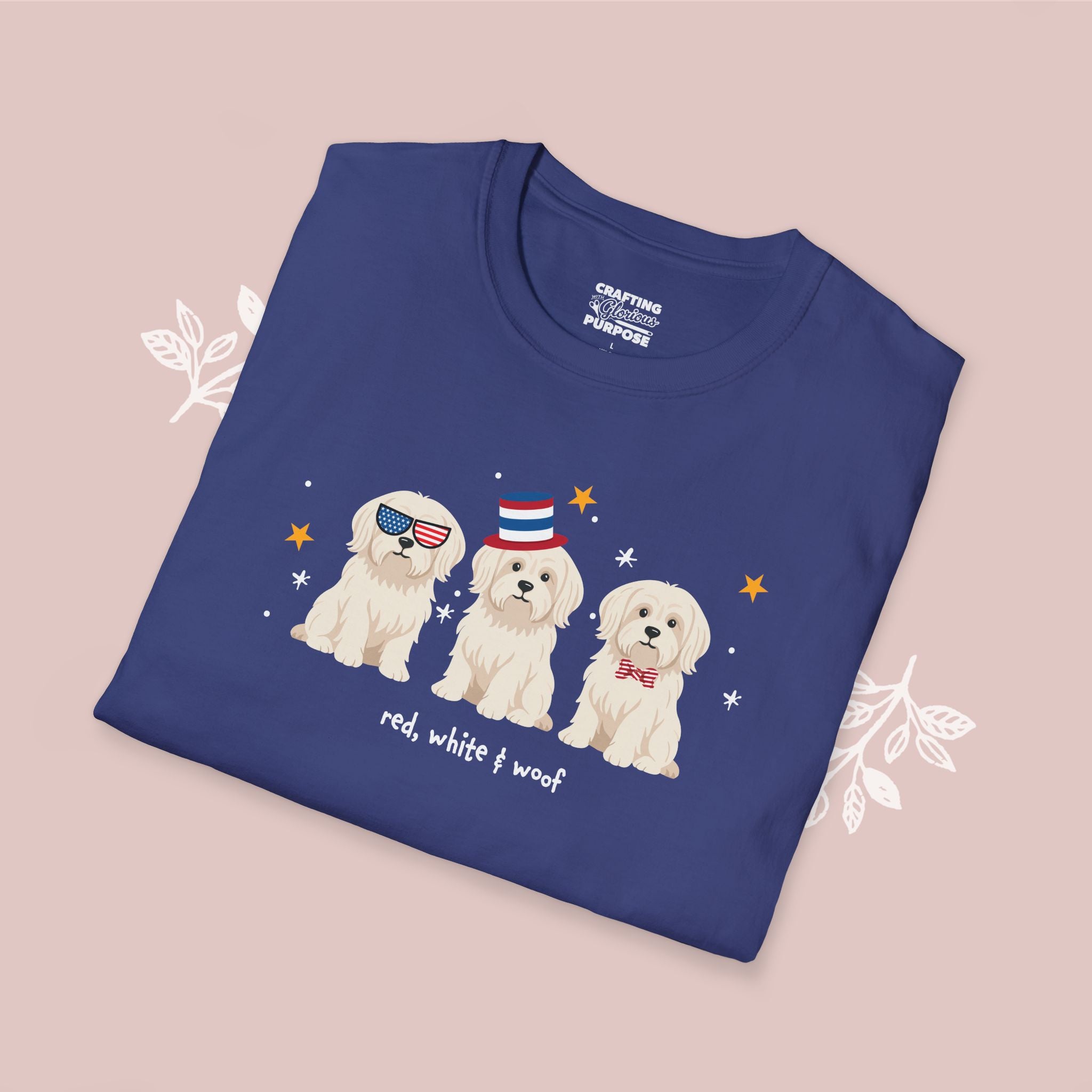 Maltese Patriotic Dog Trio T-Shirt — 'Red, White & Woof' Cute America Graphic Tee