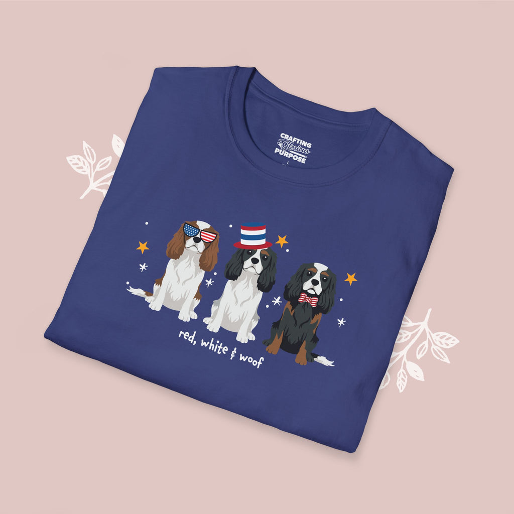 Cavalier King Charles Patriotic Dog Trio T-Shirt — 'Red, White & Woof' Cute America Graphic Tee