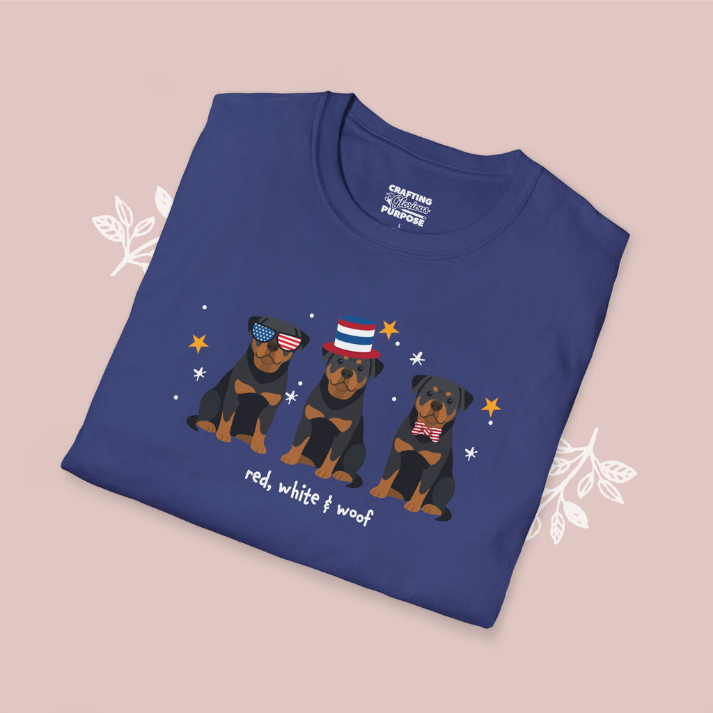 Rottweiler Patriotic Dog Trio T-Shirt — 'Red, White & Woof' Cute America Graphic Tee