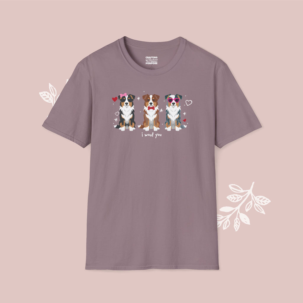I Woof You Cute Mini Aussie Trio Dog Tee — Valentine's T-Shirt