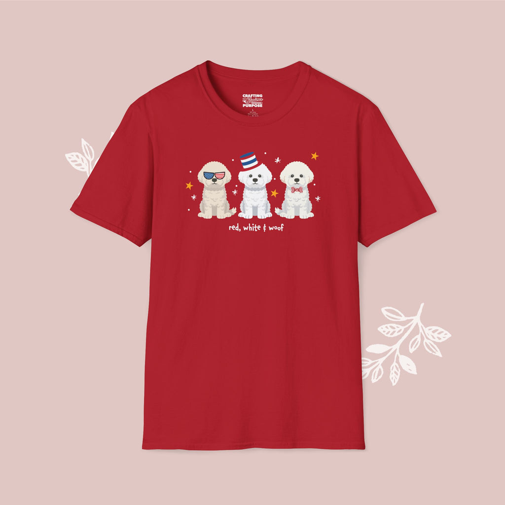 Bichon Frise Patriotic Dog Trio T-Shirt — 'Red, White & Woof' Cute America Graphic Tee