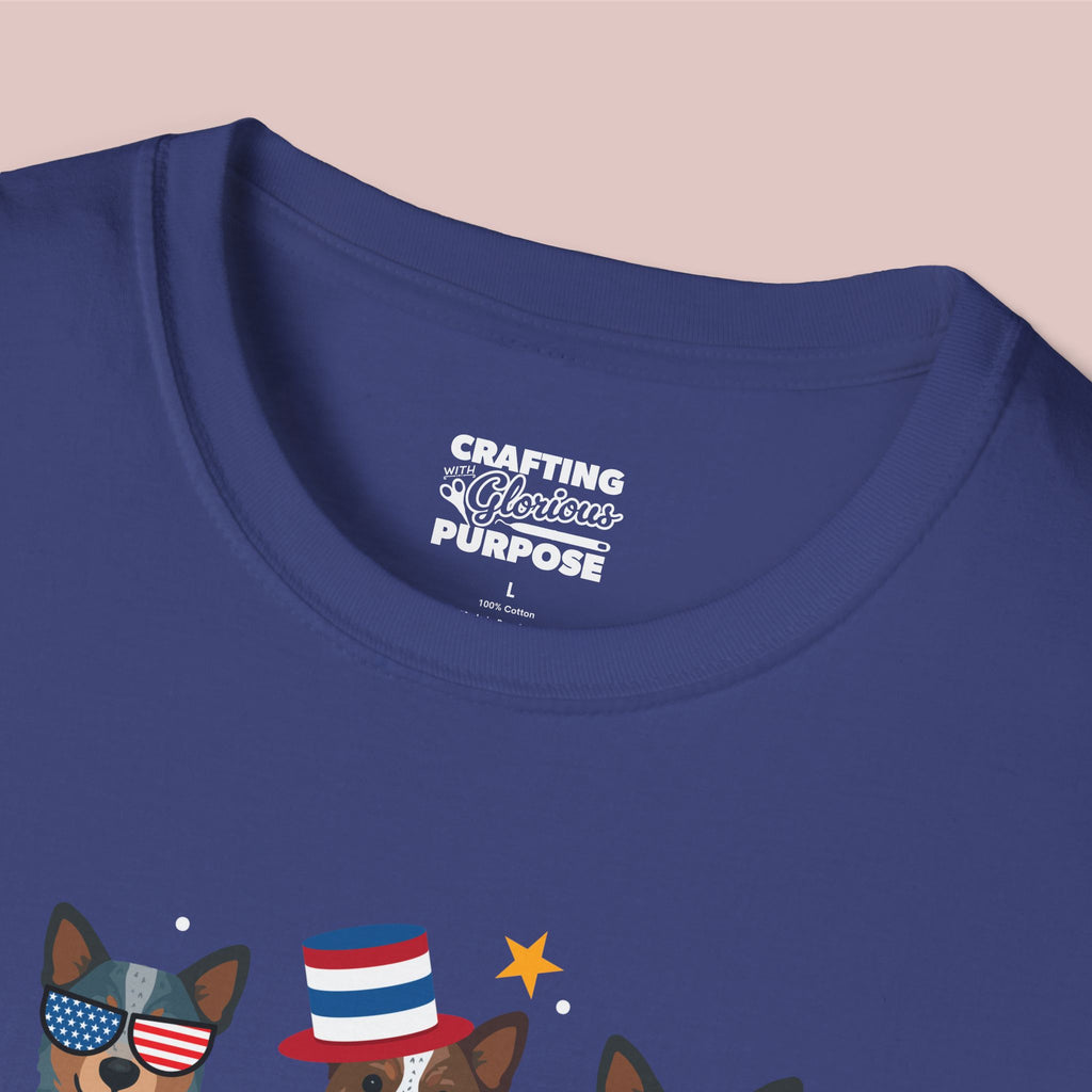 Australian Cattledog Patriotic Dog Trio T-Shirt — 'Red, White & Woof' Cute America Graphic Tee