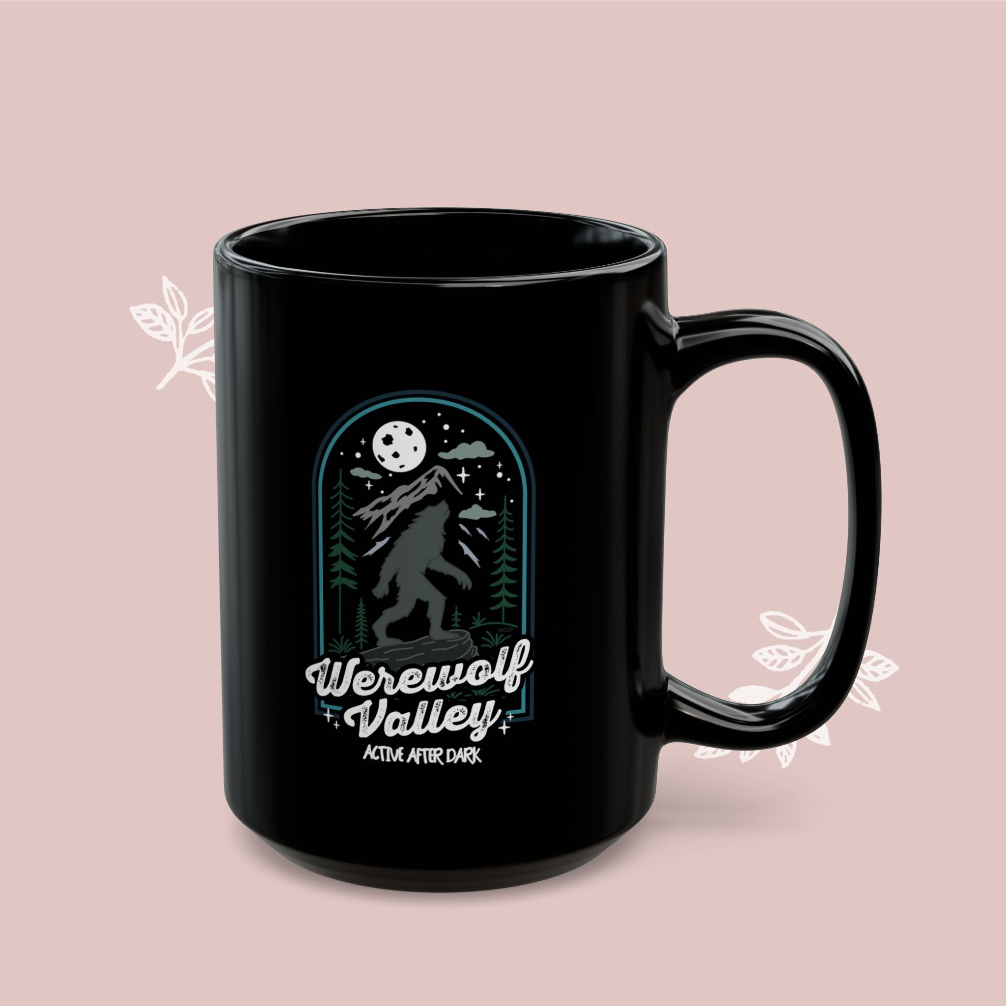Werewolf Valley Black Mug — 'Active After Dark' Design (11oz & 15oz)