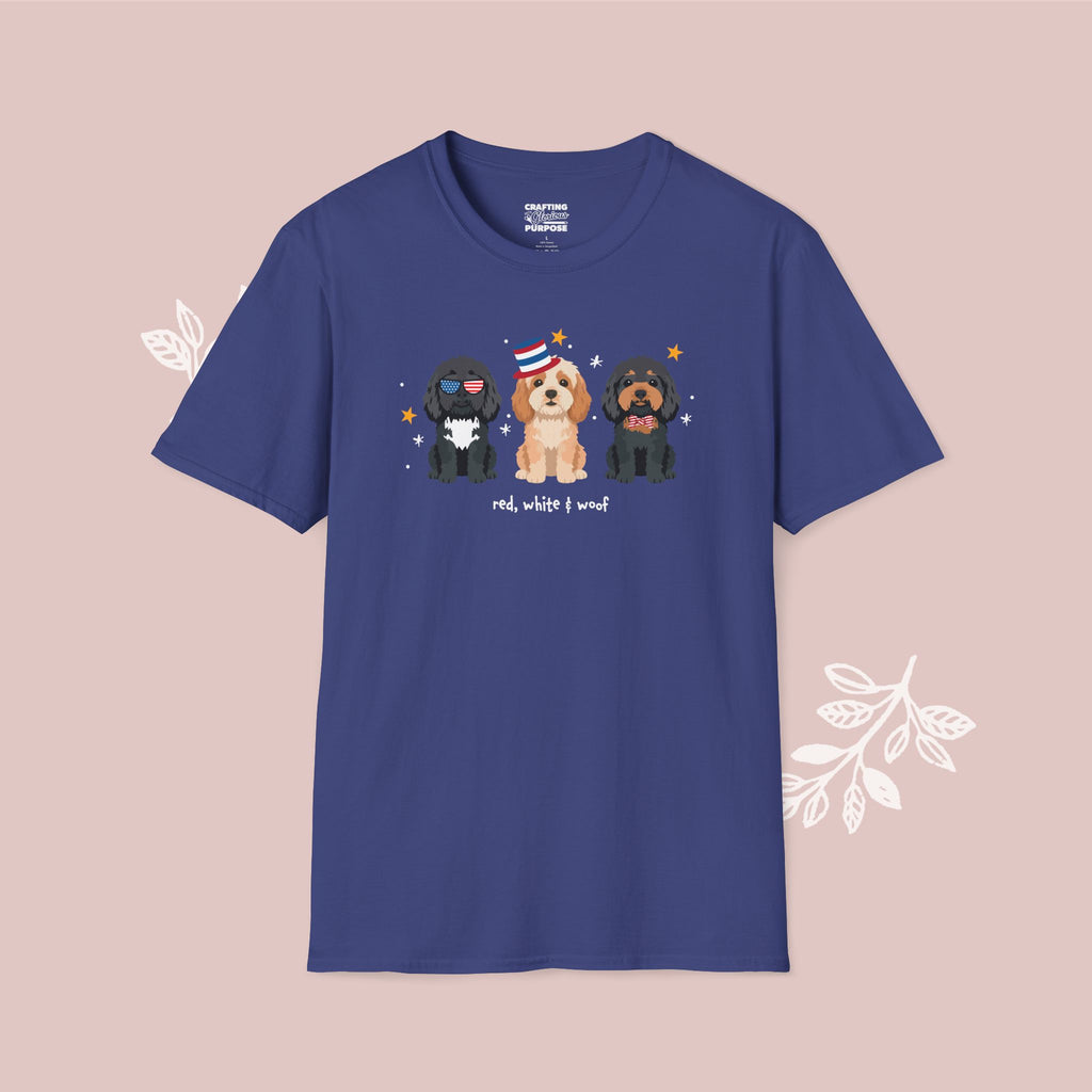 Cavapoo Patriotic Dog Trio T-Shirt — 'Red, White & Woof' Cute America Graphic Tee