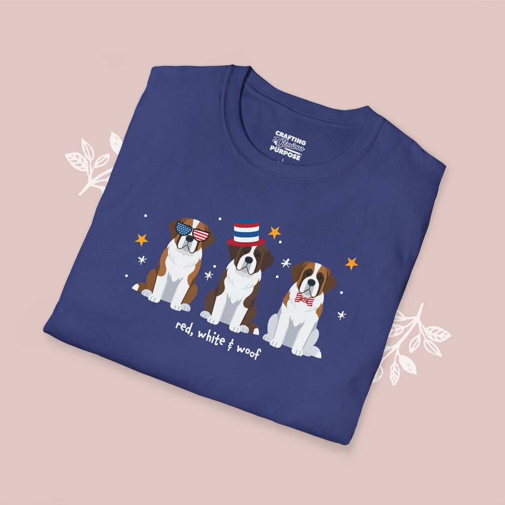Saint Bernard Patriotic Dog Trio T-Shirt — 'Red, White & Woof' Cute America Graphic Tee