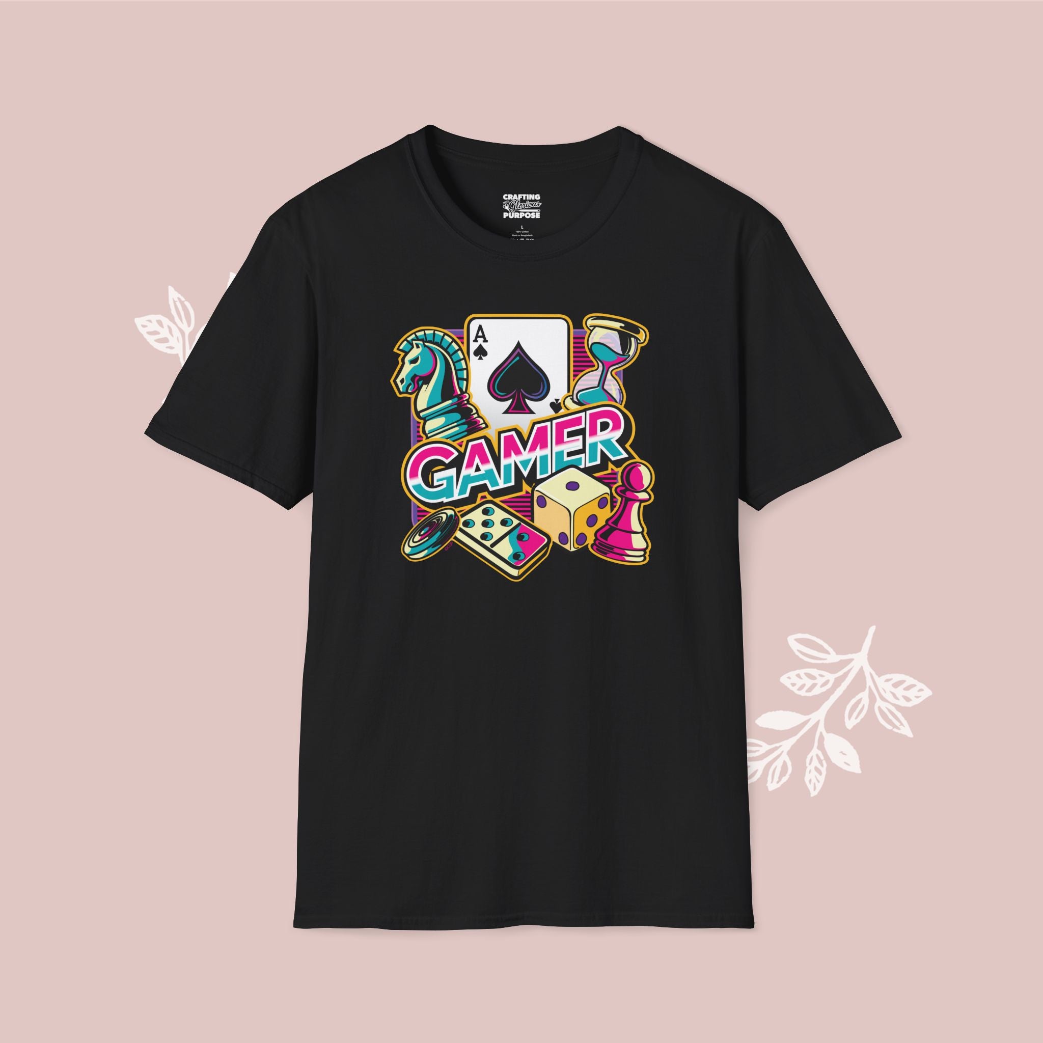 Gamer Board Game Graphic T-Shirt — Retro Dice, Cards & Chess Pieces Design