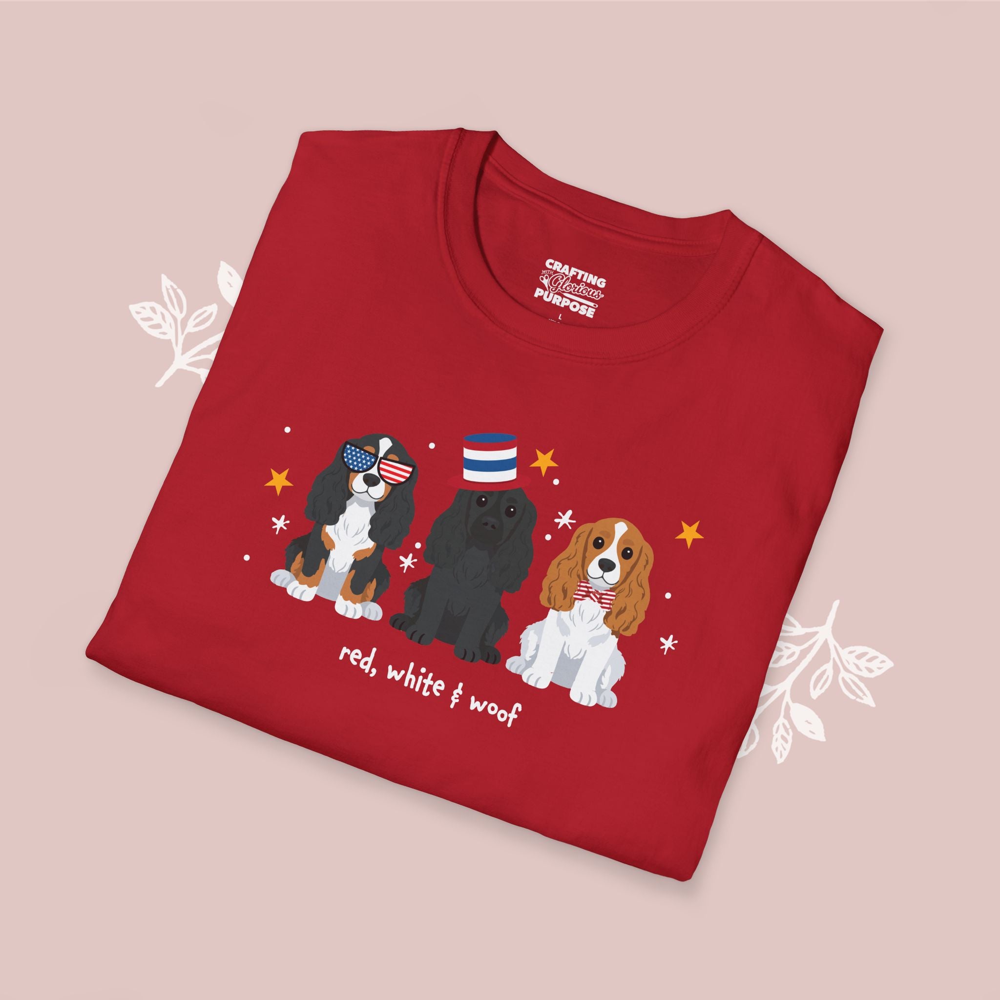 Cocker Spaniel Patriotic Dog Trio T-Shirt — 'Red, White & Woof' Cute America Graphic Tee