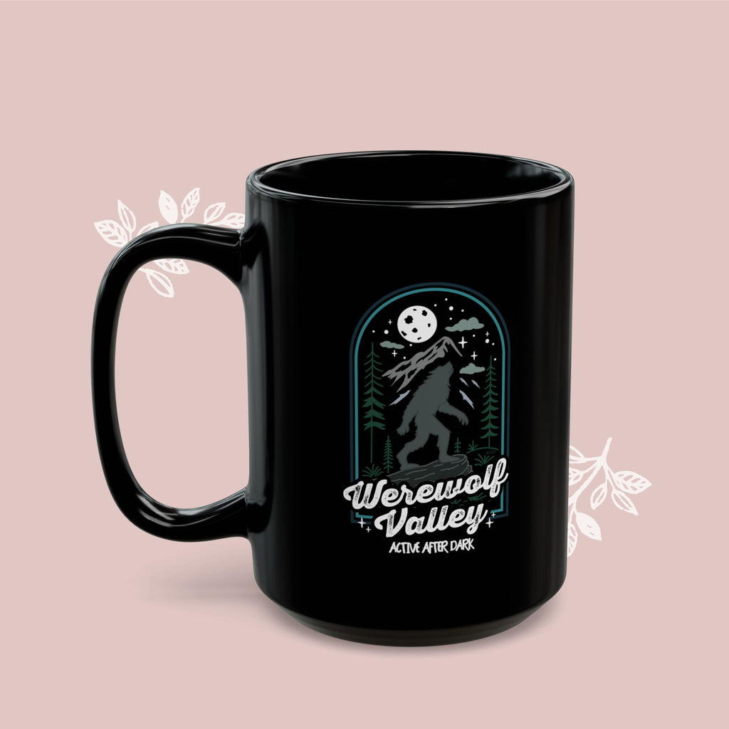 Werewolf Valley Black Mug — 'Active After Dark' Design (11oz & 15oz)