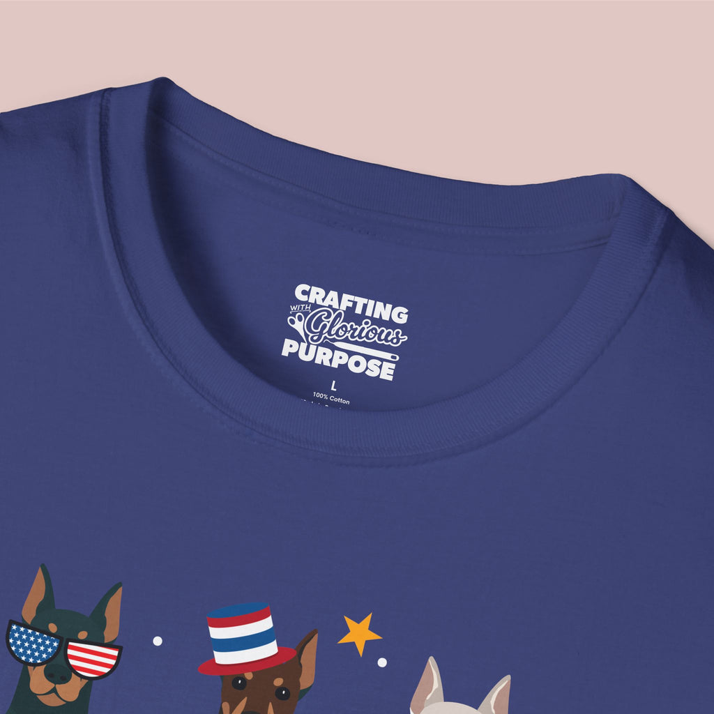 Dobermann Patriotic Dog Trio T-Shirt — 'Red, White & Woof' Cute America Graphic Tee