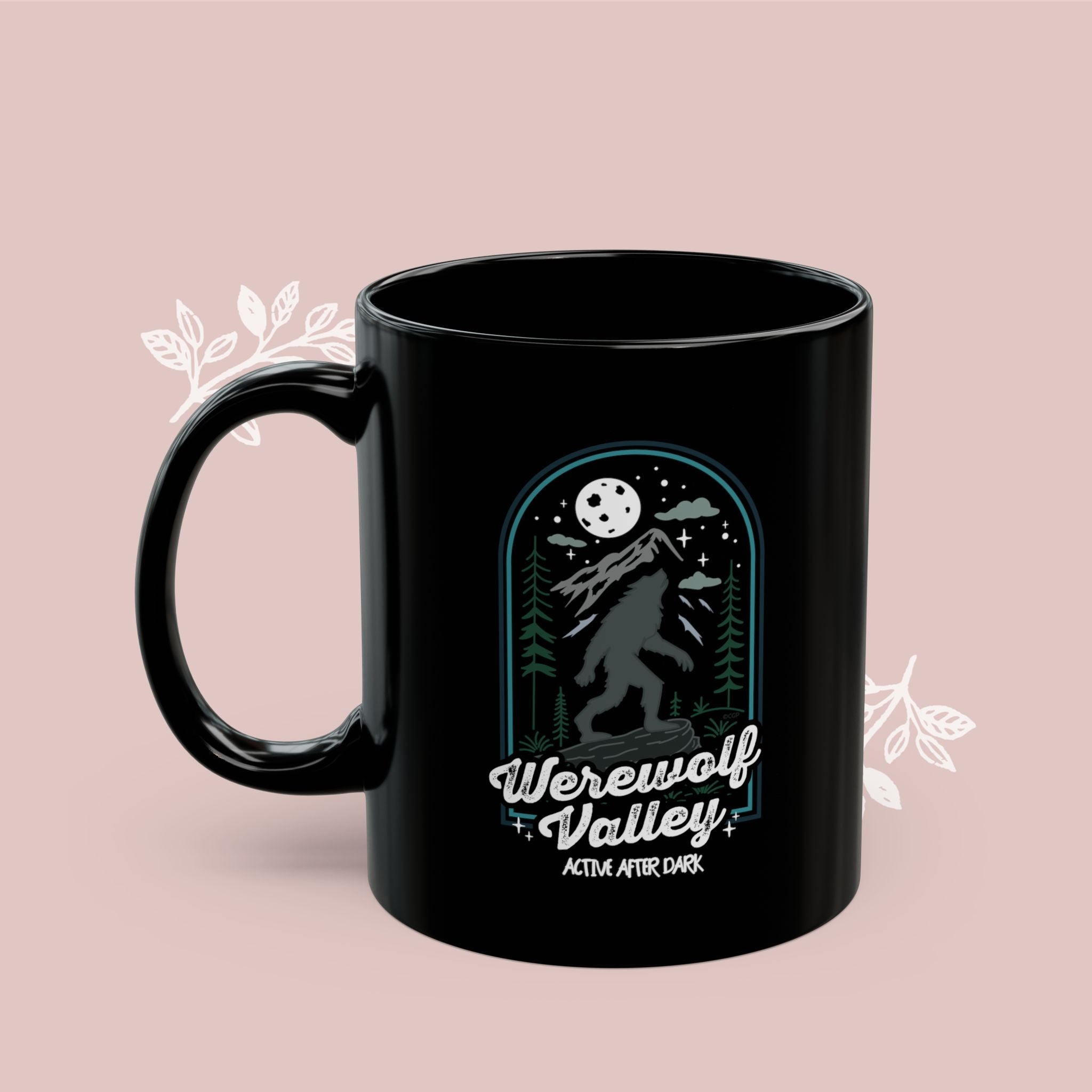 Werewolf Valley Black Mug — 'Active After Dark' Design (11oz & 15oz)