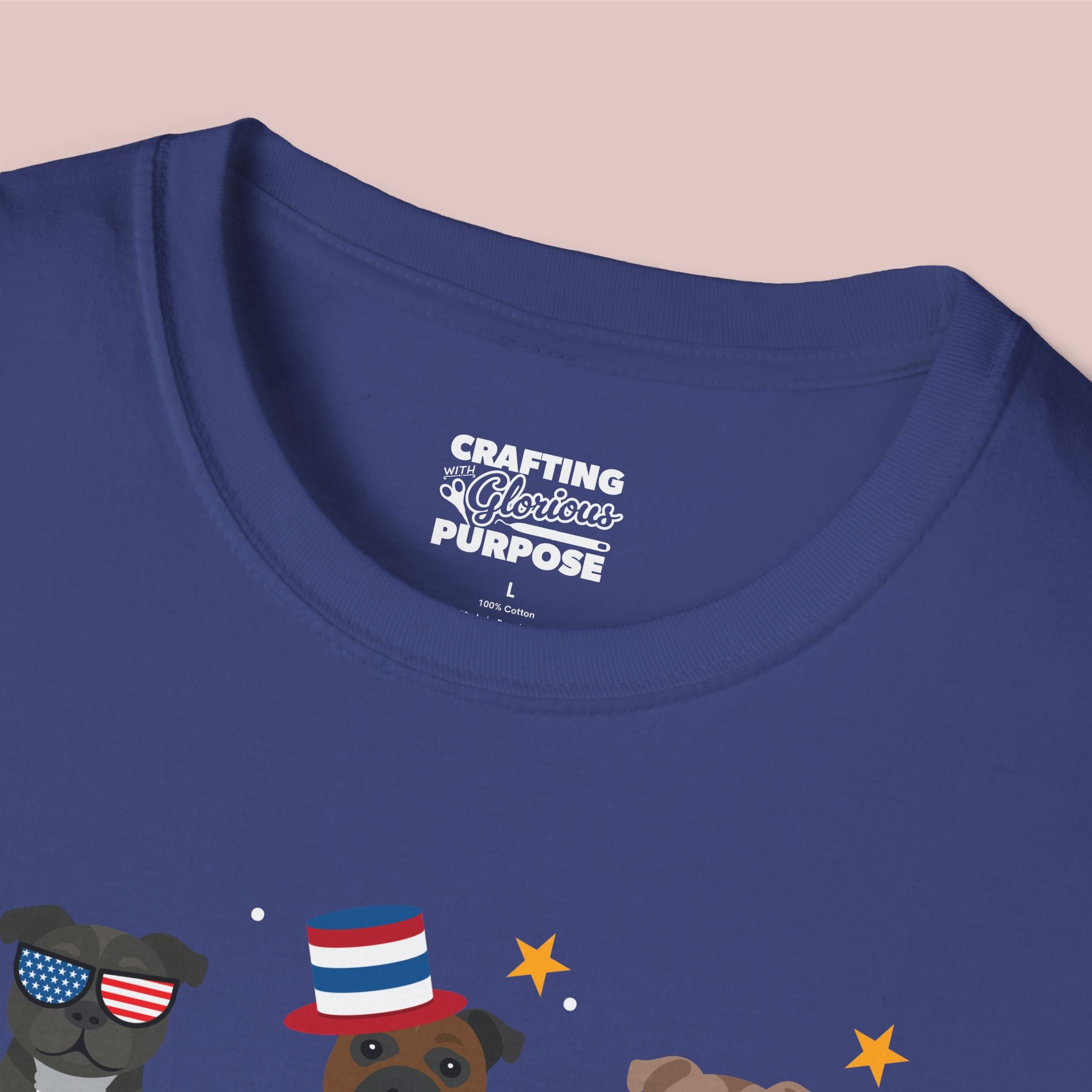 Staffordshire Bull Terrier Patriotic Dog Trio T-Shirt — 'Red, White & Woof' Cute America Graphic Tee