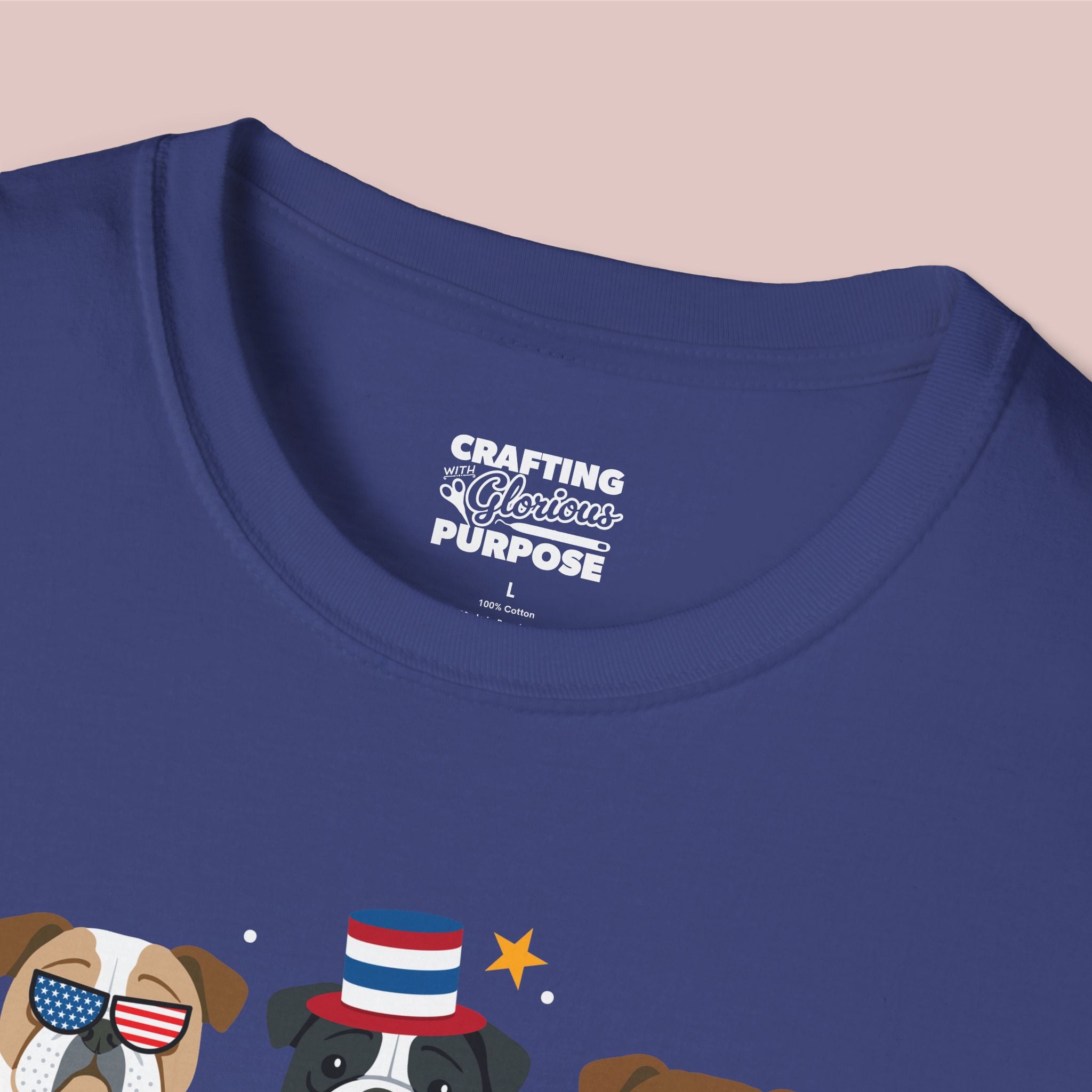 English Bulldog Patriotic Dog Trio T-Shirt — 'Red, White & Woof' Cute America Graphic Tee