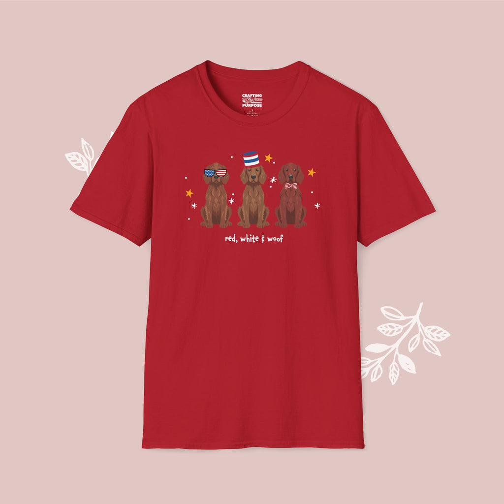 Irish Setter Patriotic Dog Trio T-Shirt — 'Red, White & Woof' Cute America Graphic Tee