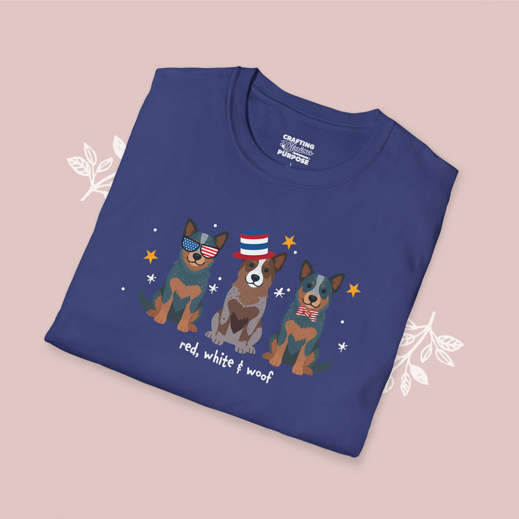 Australian Cattledog Patriotic Dog Trio T-Shirt — 'Red, White & Woof' Cute America Graphic Tee