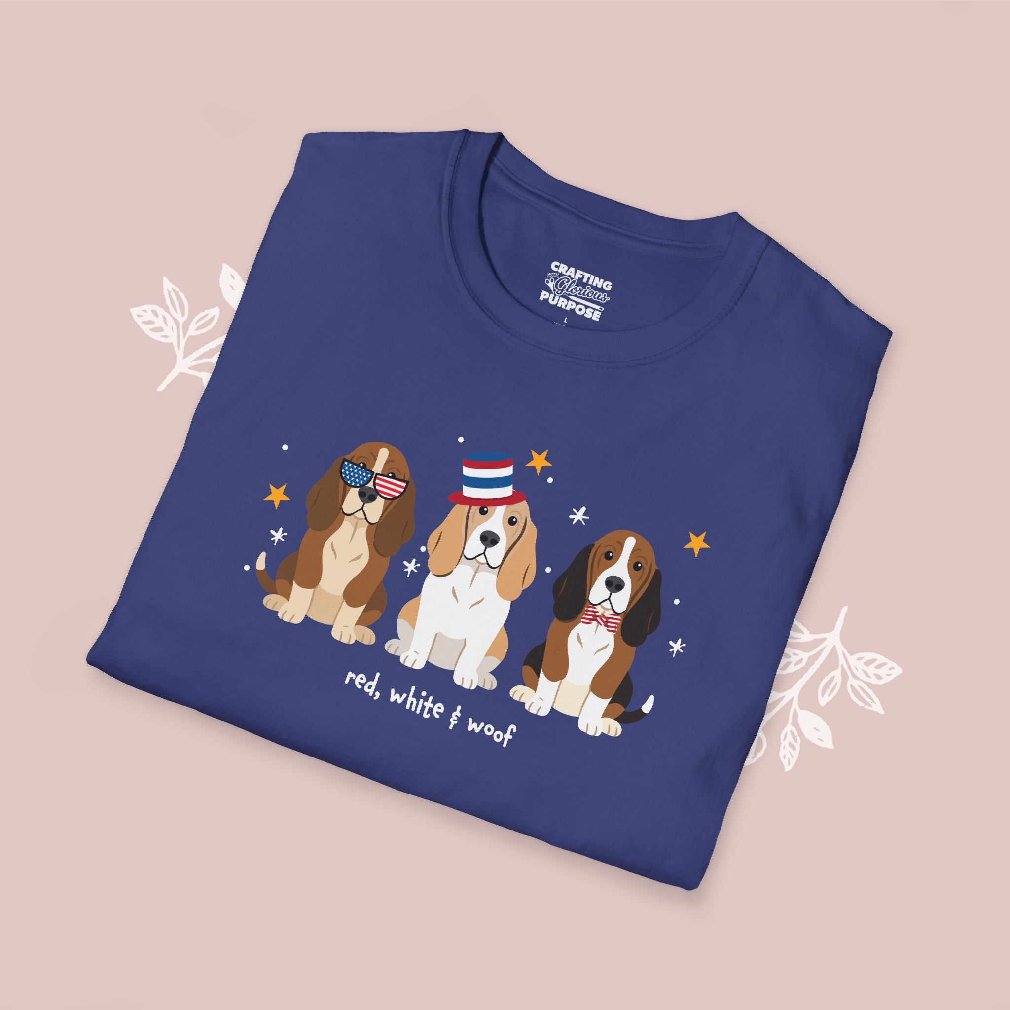 Basset Hound Patriotic Dog Trio T-Shirt — 'Red, White & Woof' Cute America Graphic Tee