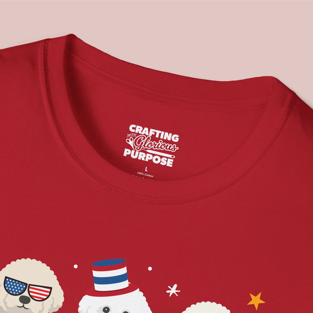 Bichon Frise Patriotic Dog Trio T-Shirt — 'Red, White & Woof' Cute America Graphic Tee