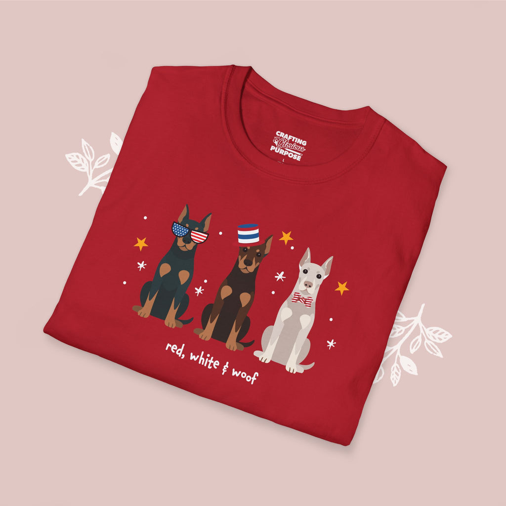 Dobermann Patriotic Dog Trio T-Shirt — 'Red, White & Woof' Cute America Graphic Tee