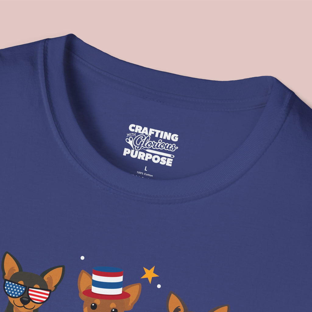 Mini Pinscher Patriotic Dog Trio T-Shirt — 'Red, White & Woof' Cute America Graphic Tee